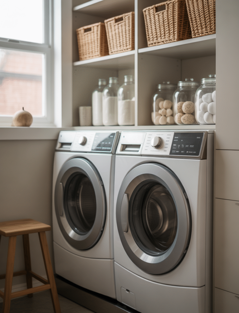 Machines with open shelving above holding matching bins, glass jars, and neatly organized laundry supplies.
