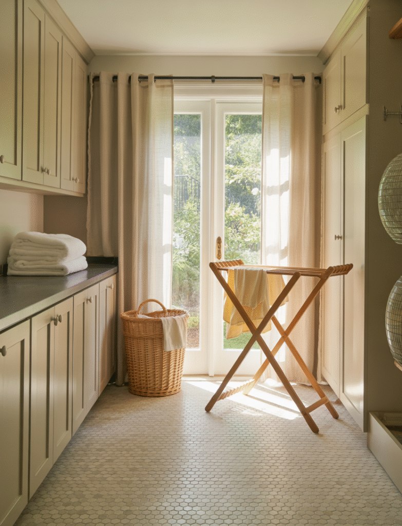  Bright laundry room with natural light, white tile, light cabinetry, and sheer curtains for an airy feel.