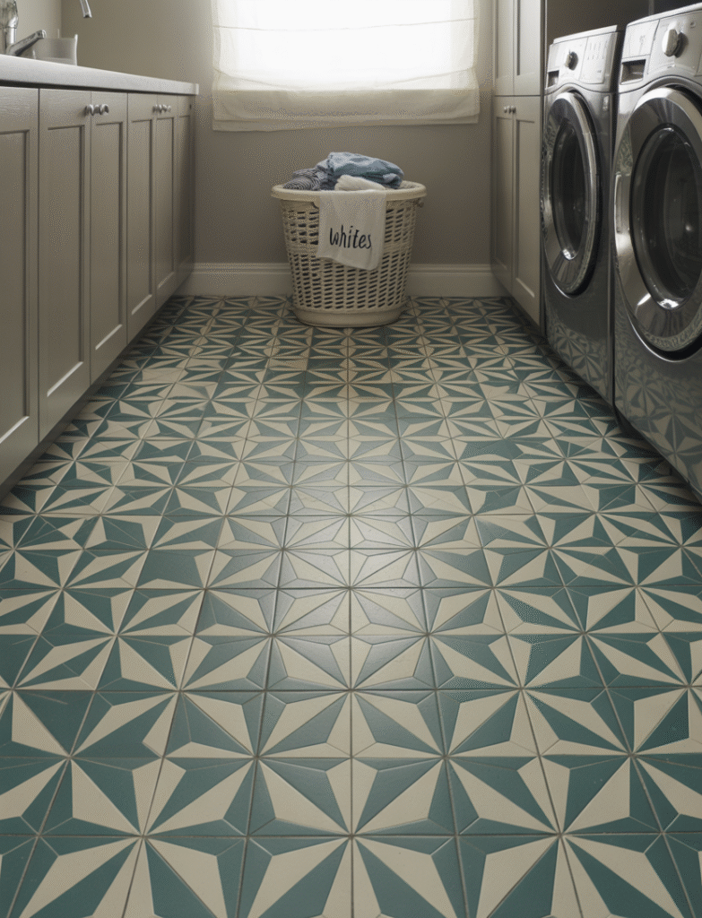 Mudroom with bold, patterned tile flooring and neutral cabinets to keep the focus on the floor design.