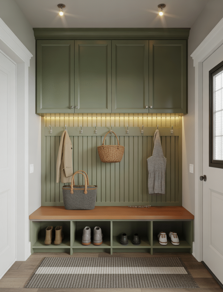  Bench area with a closed cabinet above and under-cabinet lighting for extra storage and visibility.