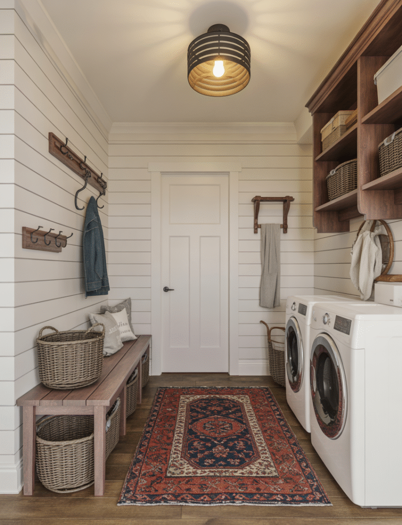 Cozy farmhouse-style laundry mudroom with shiplap walls, vintage hardware, and warm wood accents.