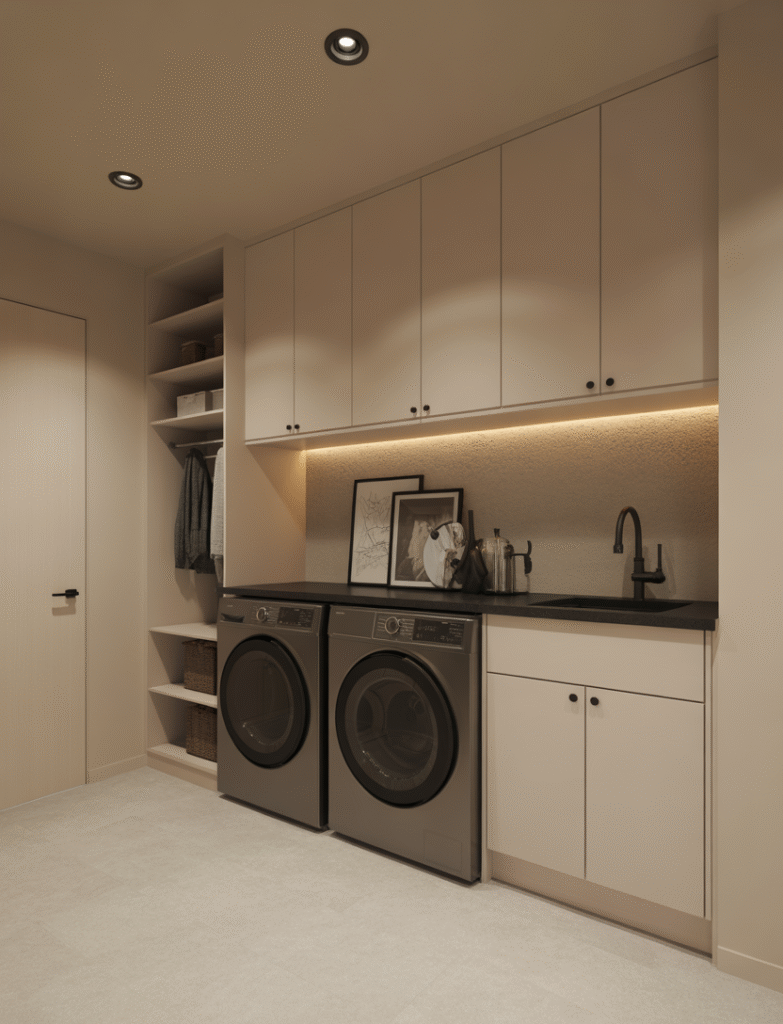 Modern minimalist mudroom with sleek cabinetry, black hardware, and clean, neutral design elements.