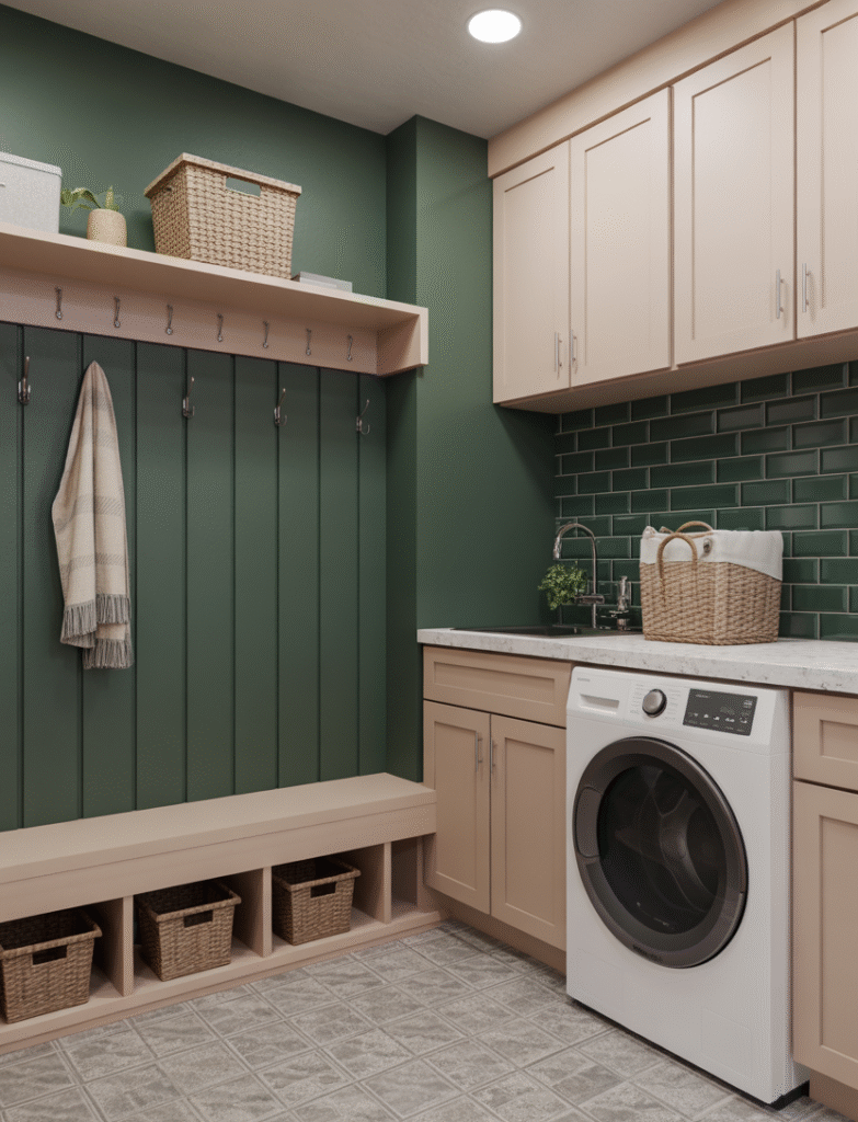 Laundry room with a bold colored accent wall and coordinated cabinetry, hooks, and decorative floor tiles.
