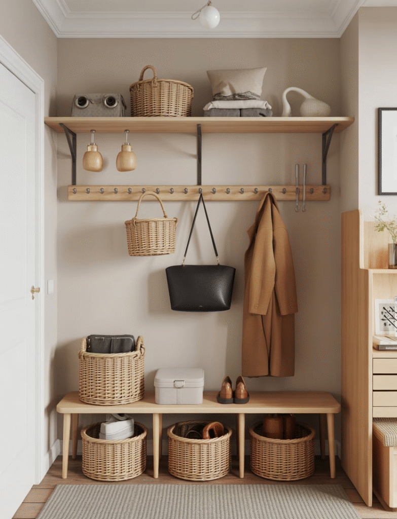 Wall-mounted peg rail with hanging baskets, coats, and a slim console table underneath for everyday items.