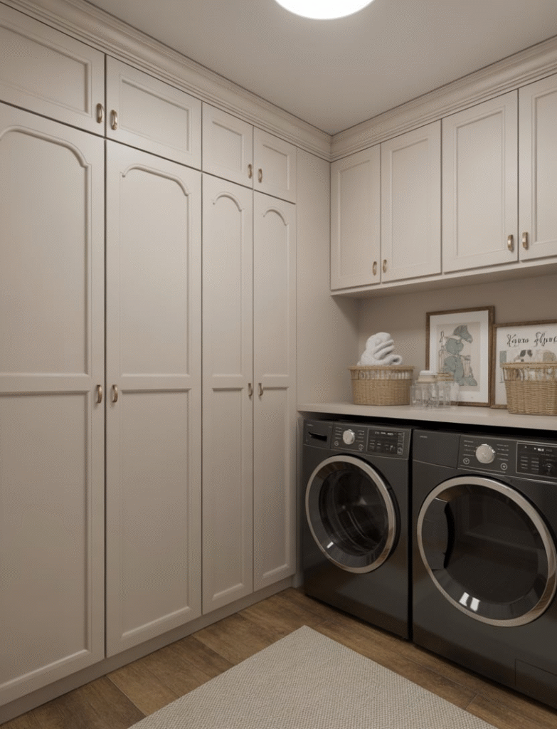 Wall of tall mudroom cabinets alongside a recessed laundry nook with coordinated colors and hardware.