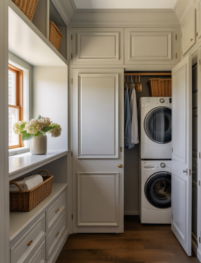 Mudroom with washer and dryer hidden behind matching cabinetry, creating a seamless look.