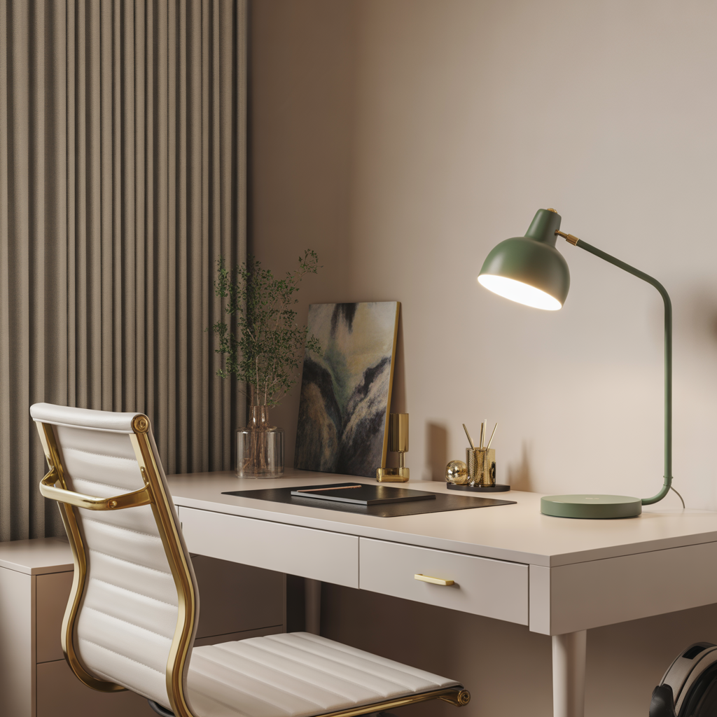 Home office desk setup with a green matte task lamp, clean white desk, stylish chair, and brass accents, combining functionality with style.