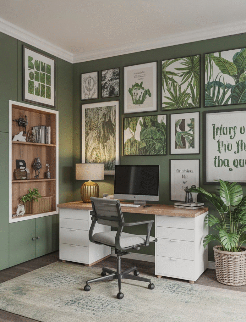 Home office featuring a jungle-themed gallery wall with green botanical prints, surrounded by sleek white furniture and vibrant decor.