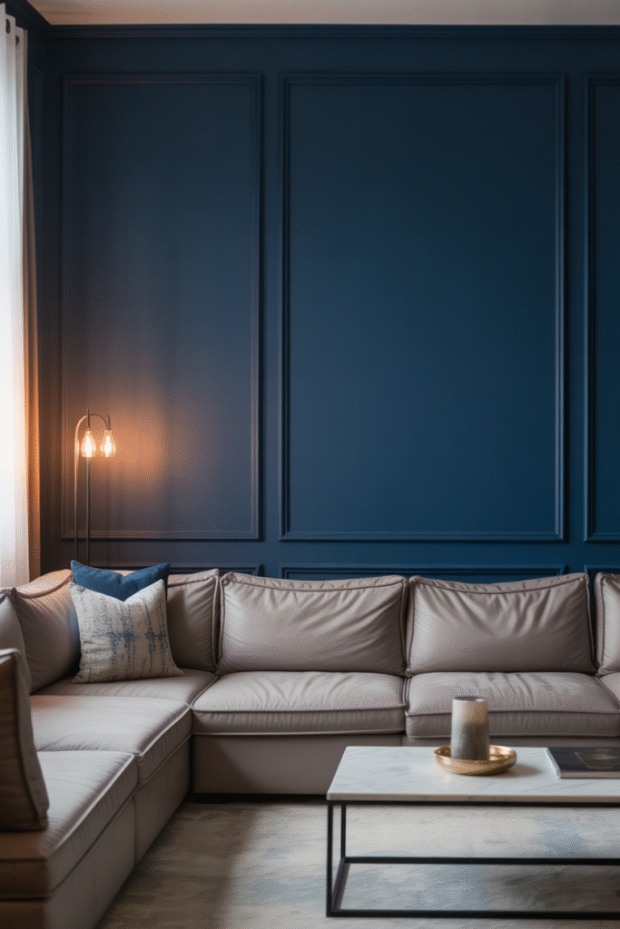 Modern living room with a deep navy accent wall, grey sofa, and wooden furniture in a moody, elegant setting.