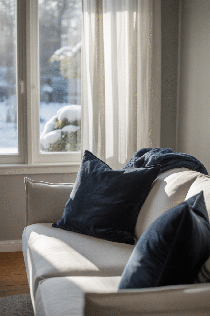 Bright, airy small living room with light grey walls, navy pillows, and minimalist Scandinavian decor.