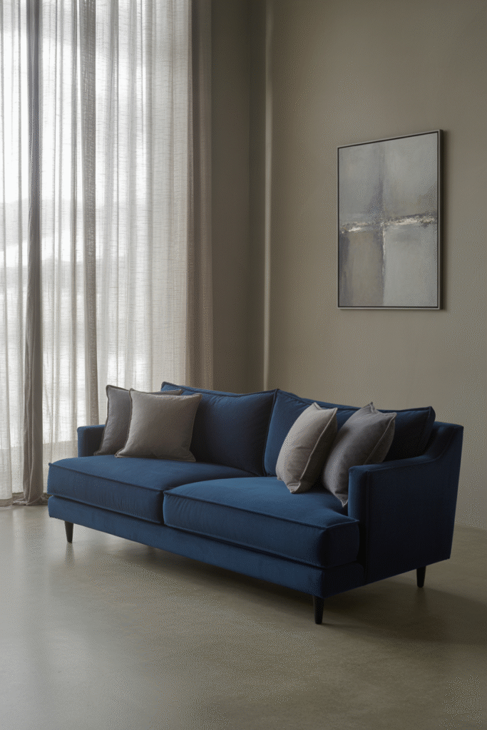 Contemporary space featuring grey walls, a plush navy velvet sofa, and gold accent decor.