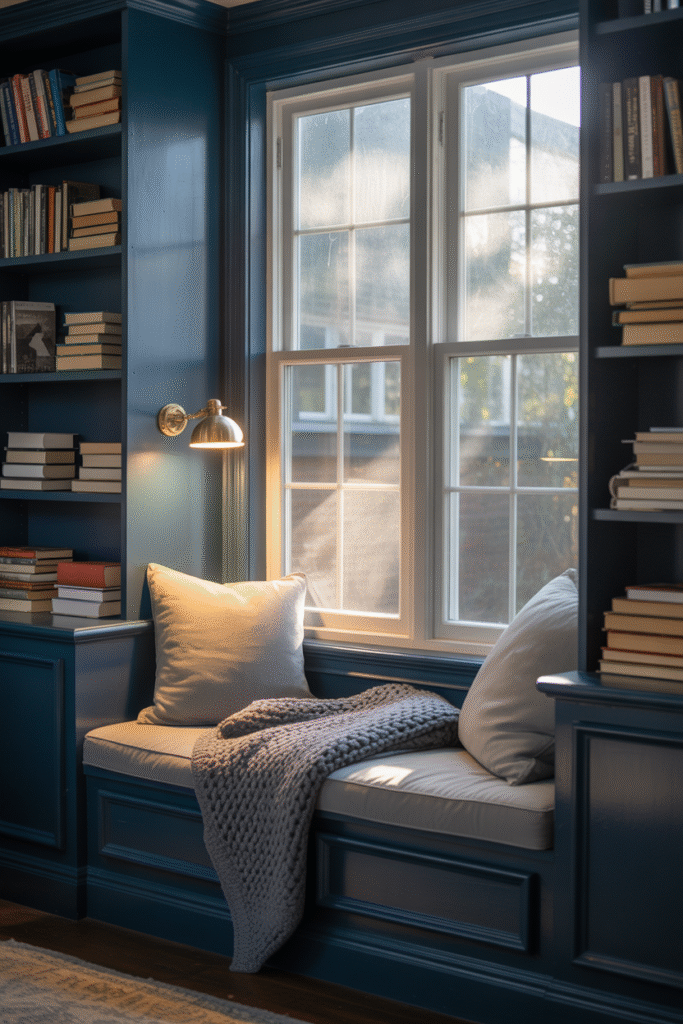 Cozy reading nook with navy built-in bookshelves, grey cushions, and a window seat surrounded by warm lighting.