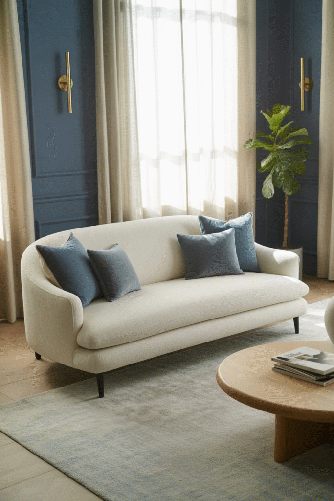 Open living area with navy blue furniture and a soft grey rug, accented by wood tones and natural light.