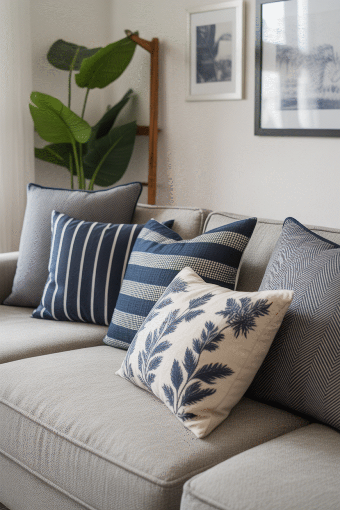 Eclectic room styled with navy and grey patterned pillows and throws on a grey sectional.