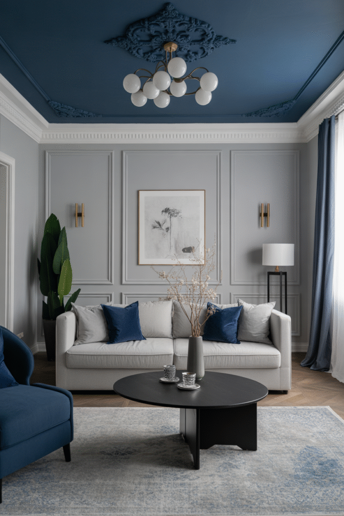 Sophisticated living room with a navy-painted ceiling, grey walls, and white crown molding.