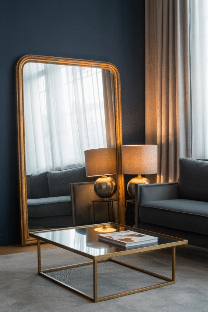 Navy and grey living space highlighted by gold-framed mirror, brass furniture, and modern metallic decor.