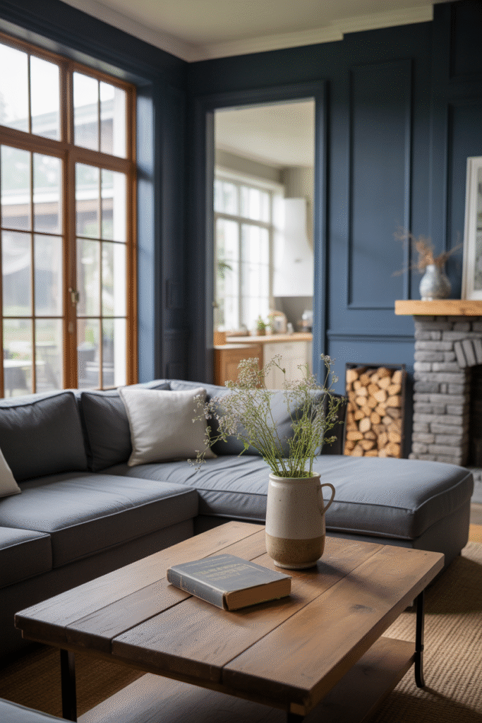 Spacious living room with navy walls and a large grey sectional, designed for comfort and gatherings.