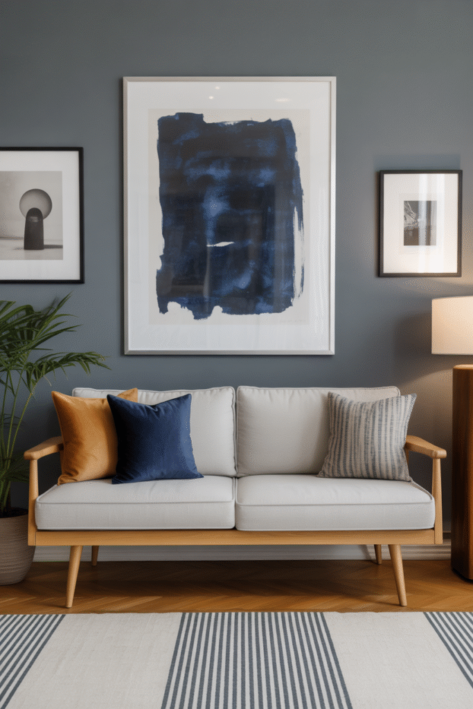 Minimalist living room with grey walls and abstract navy artwork above a modern sofa.