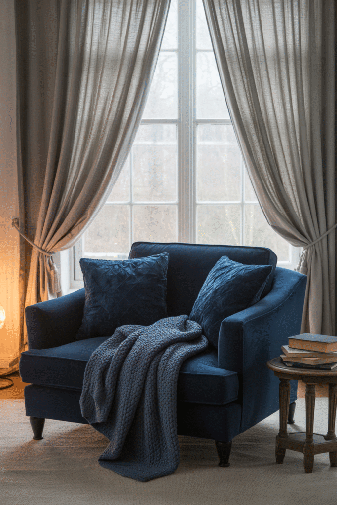Layered textures in a cozy room, with navy velvet cushions, grey linen curtains, and a knit throw.