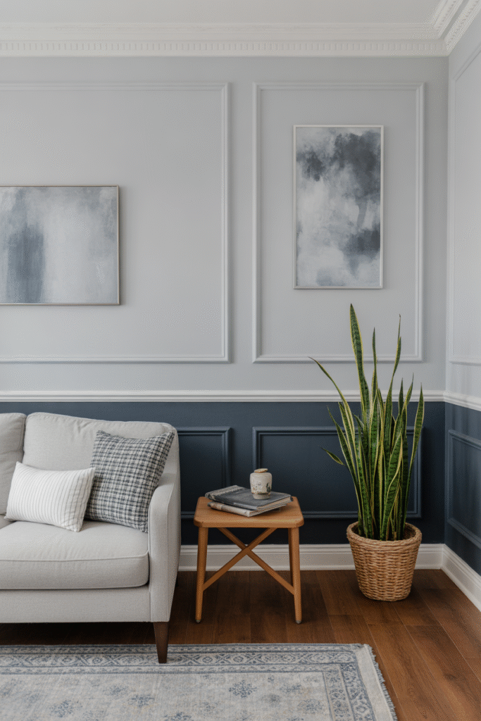 Classic room with two-tone walls — navy on bottom, grey on top — divided by white molding.