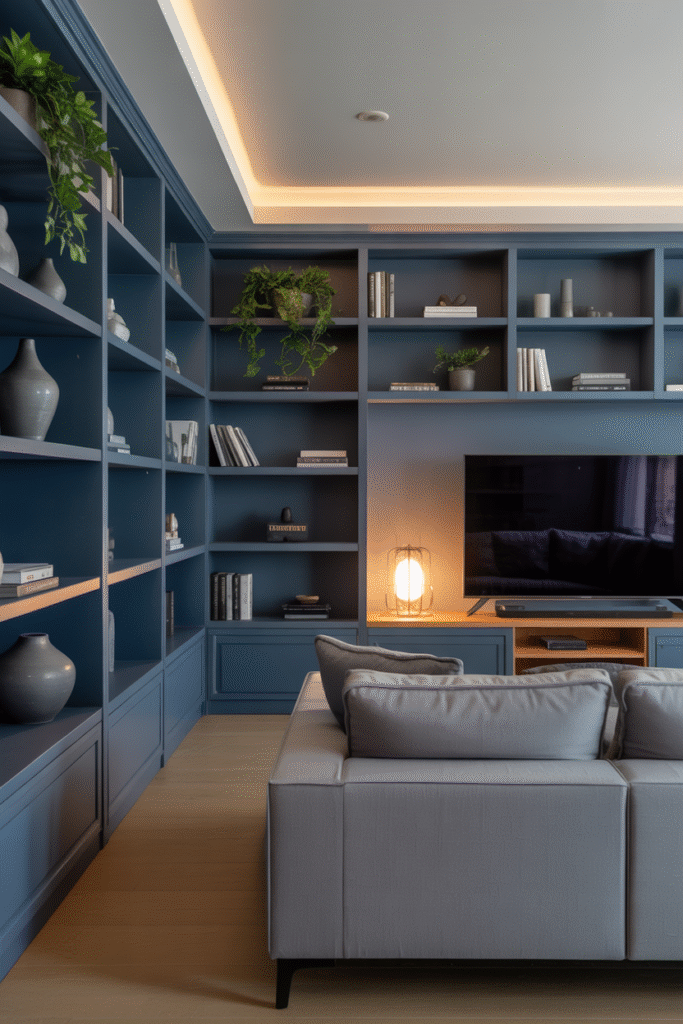 Living room with navy built-in shelves and cabinetry, styled with grey accents and books.