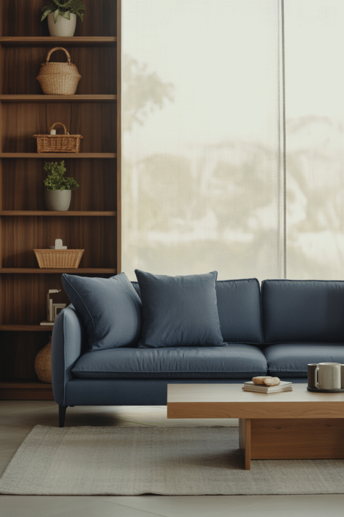Navy and grey interior warmed by natural wood accents like oak tables and woven baskets.
