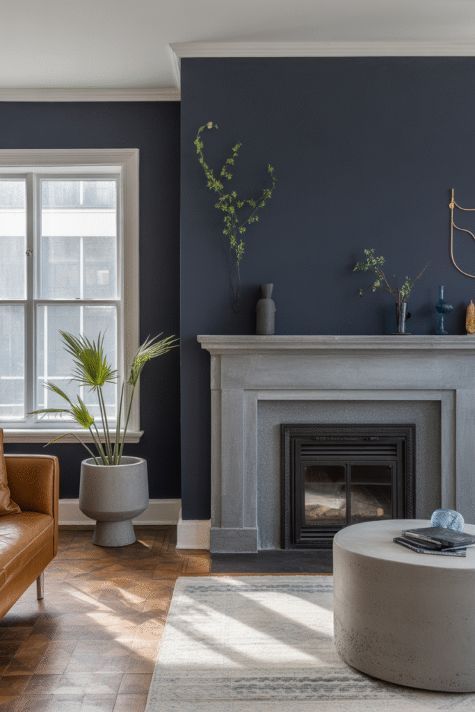 Modern navy room with a grey stone fireplace and industrial concrete planters.