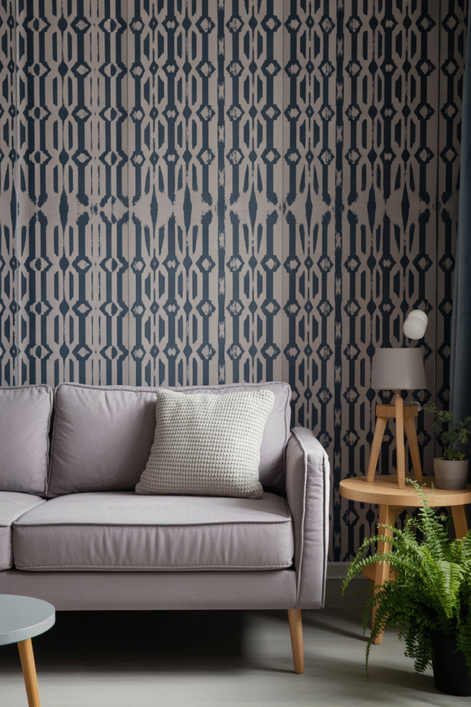 Living space featuring a navy and grey wallpapered accent wall behind simple modern furniture.