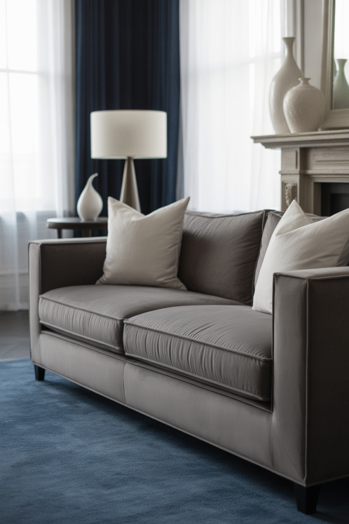 Elegant room combining navy and grey tones with soft white lamps, trim, and decorative accents.