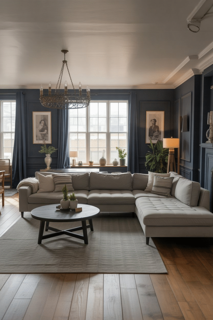 Image featuring navy and grey living room with grey sofa and navy blue walls.