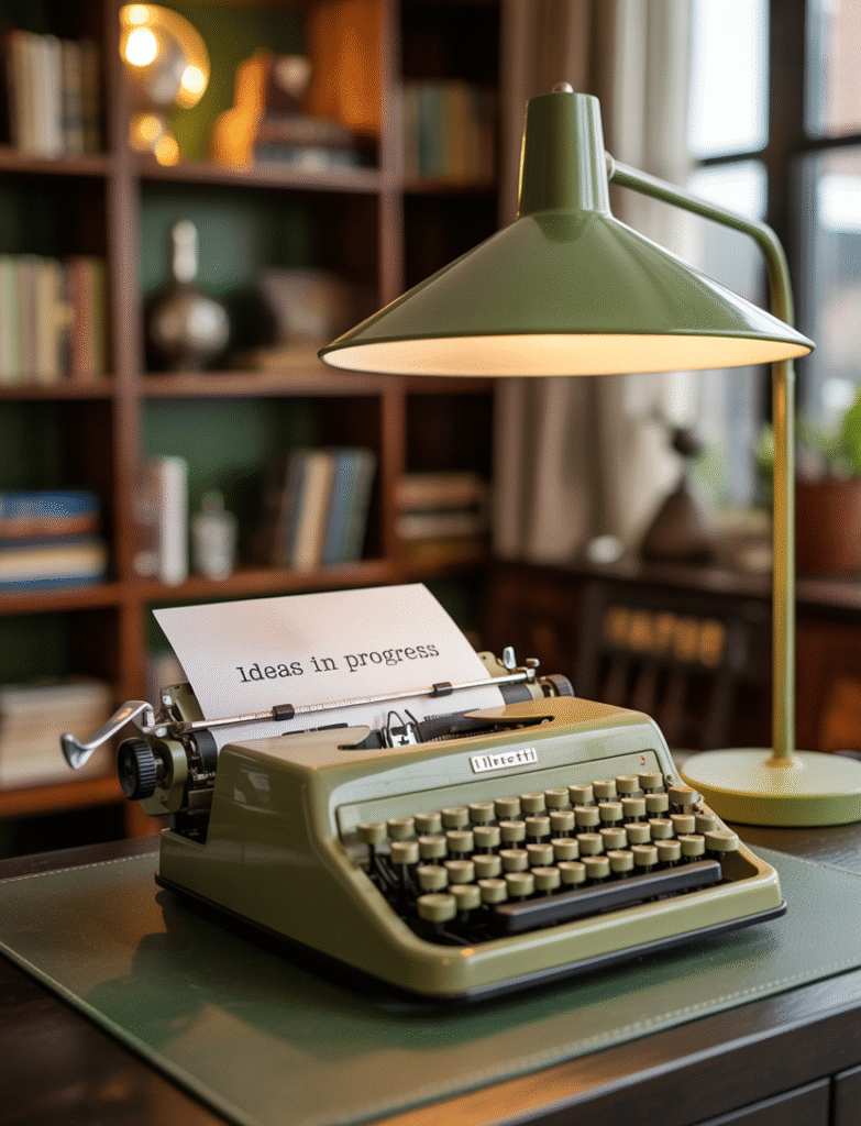 Eclectic home office with vintage green accents, including a retro typewriter, mid-century green desk lamp, and warm-toned furniture, creating a nostalgic and stylish space.
