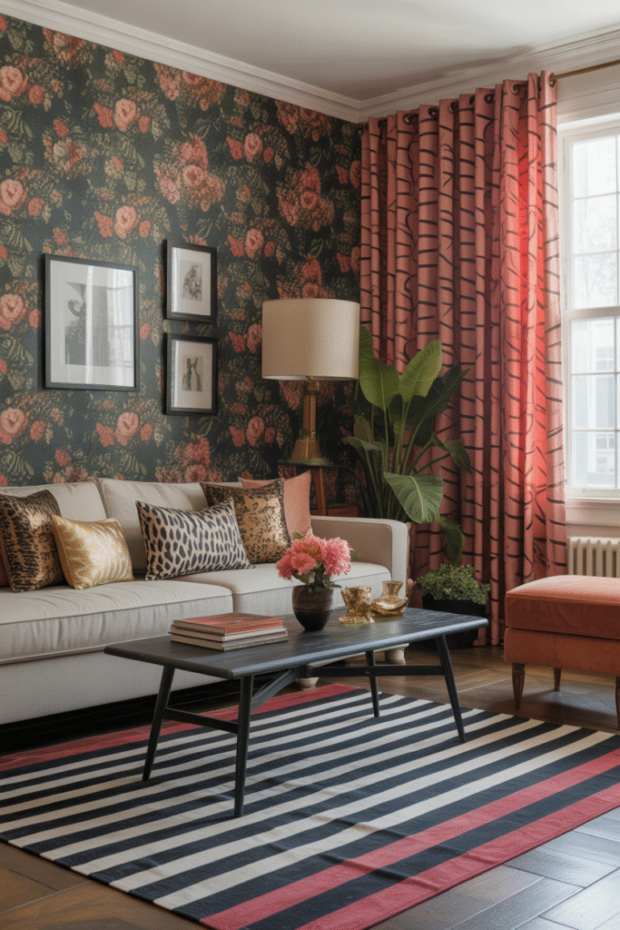 Colorful, eclectic living room filled with layered patterns, bold furniture, artwork-covered walls, books, and lush plants — vibrant maximalist home style.