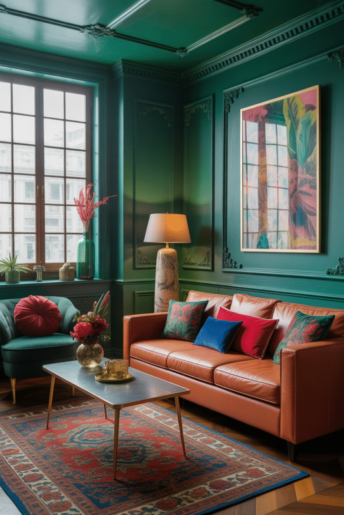 Living space bursting with saturated colors like deep reds, emerald greens, and bright blues, styled with mismatched pillows and colorful textiles.