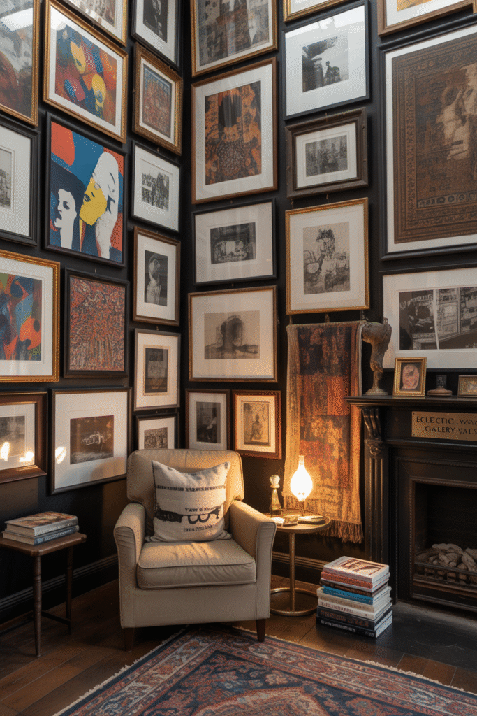 Maximalist interior with floor-to-ceiling gallery wall, combining framed art, photographs, and tapestries in an eclectic arrangement.