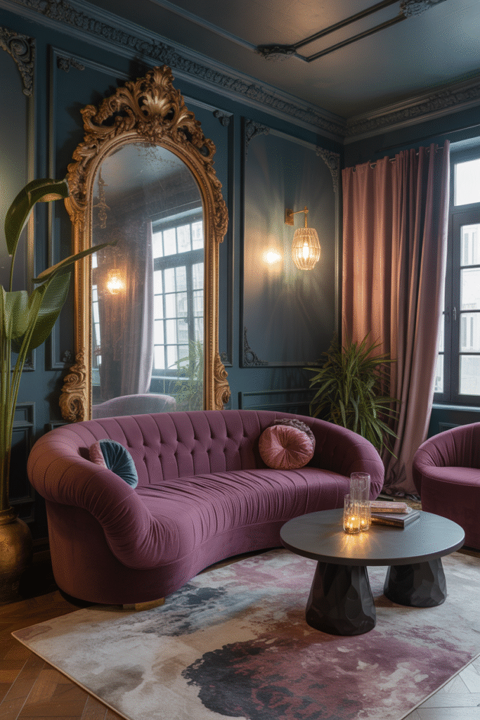 Eclectic living room with a bold velvet sofa, ornate vintage furniture, patterned rugs, and unique decorative objects on display.