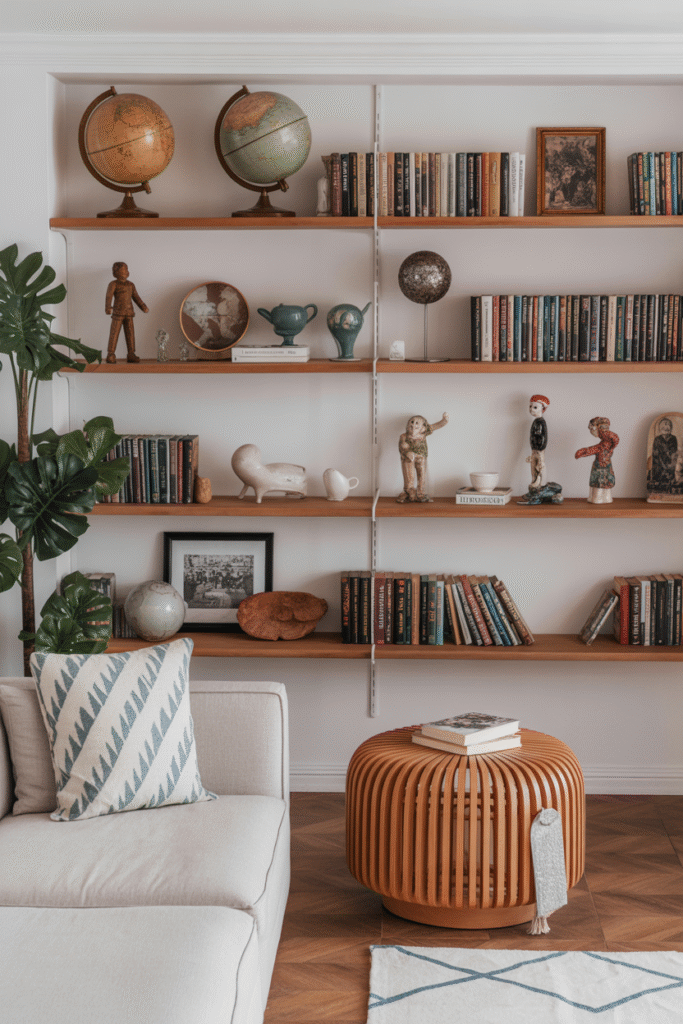Lively home interior with stacked books, open shelving, and curated collections of personal objects in a colorful, layered setting.