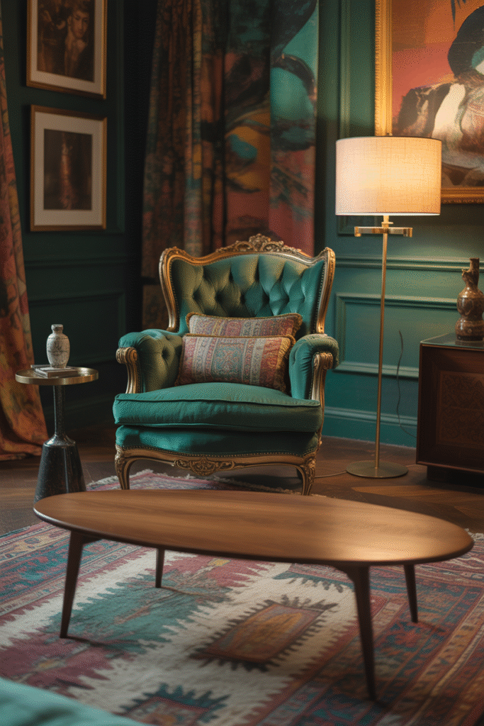 Interior design blending Victorian, mid-century, boho, and modern styles with layered furniture and eclectic decor.