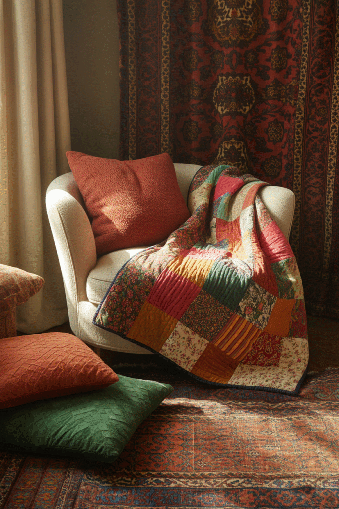 Room filled with colorful throws, patterned cushions, layered rugs, and draped fabrics creating a soft and textured atmosphere.