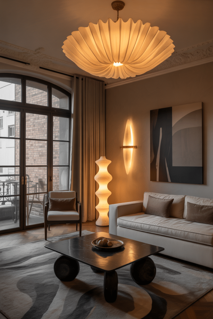 Living room with oversized chandelier, sculptural lamps, and glowing sconces casting moody, artistic lighting.