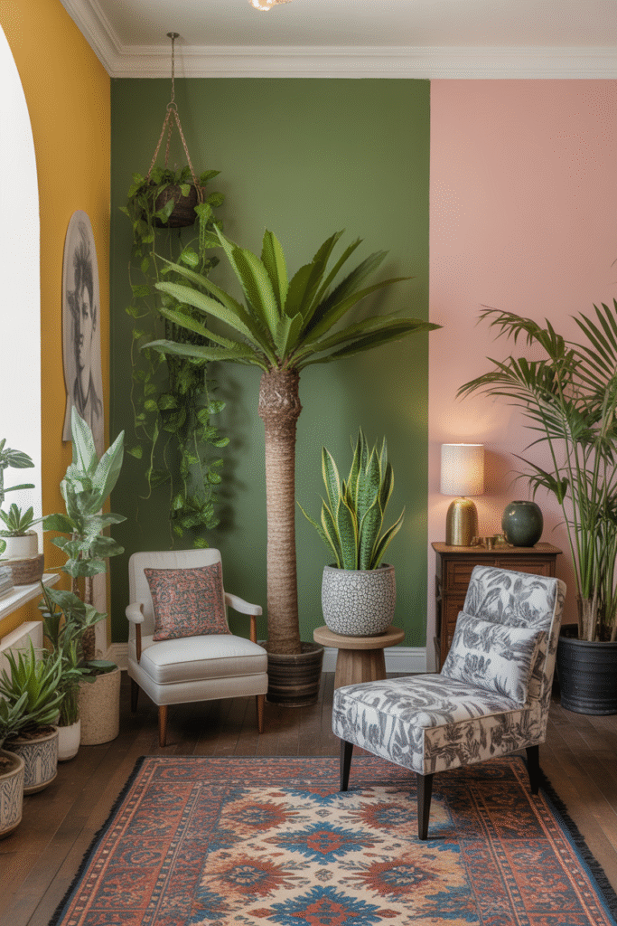 Maximalist space decorated with large palms, vines, and succulents in patterned pots, surrounded by colorful furniture and walls.