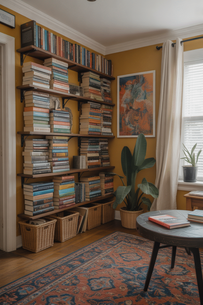 Home interior filled with stacks of books on floors and shelves, accented by vibrant artwork and cozy textured furnishings.