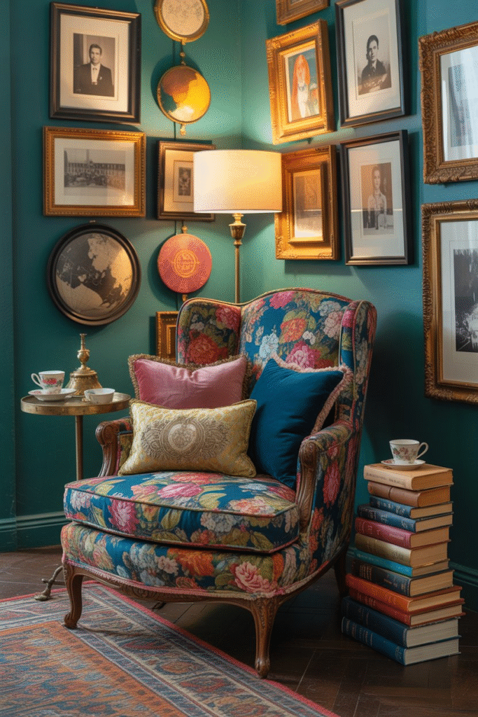 Evolving room filled with a mix of old and new pieces, layered books, photographs, and decorative items added over time.