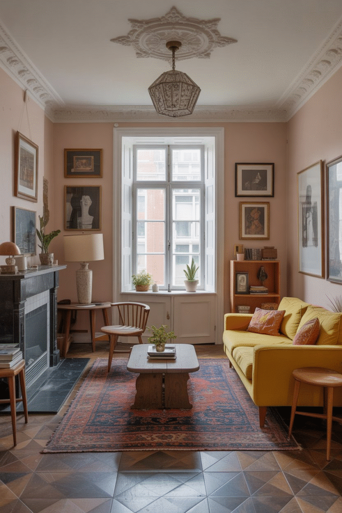 Relaxed room with mismatched furniture, layered decor, and an intentionally imperfect, lived-in charm.