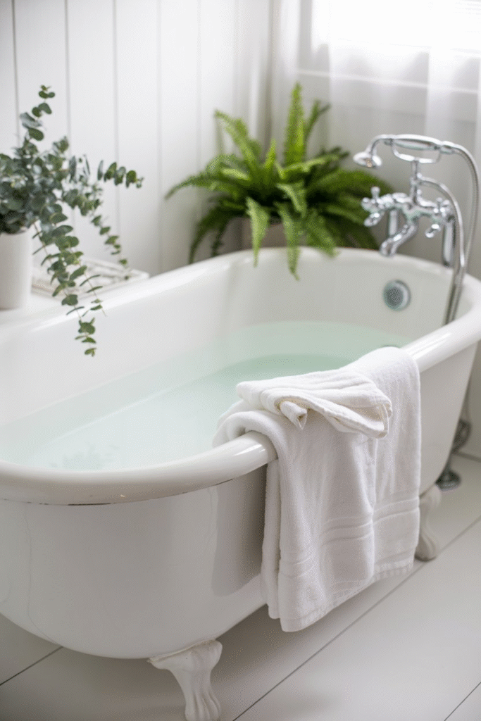 Bright white bathroom with crisp board and batten walls, chrome fixtures, greenery, and spa-style white towels.