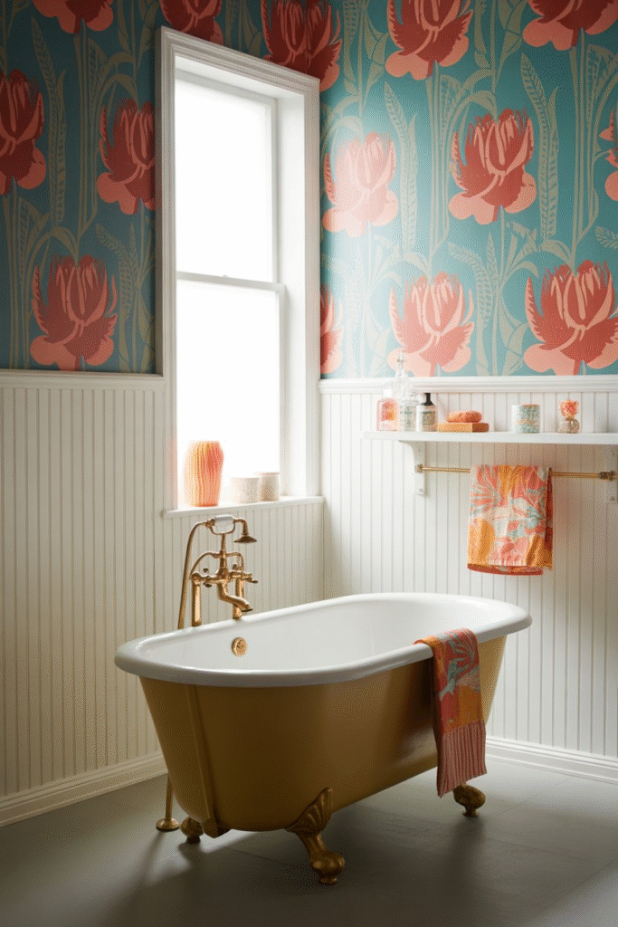 Bathroom with bold floral wallpaper above board and batten, colorful accessories, and playful, stylish decor.