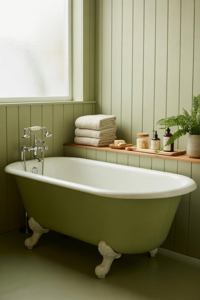 Serene bathroom featuring sage green board and batten walls, natural wood shelving, and ceramic jars.