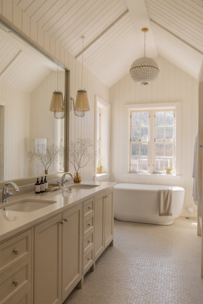 Elegant bathroom with full-height white board and batten, large framed mirror, pendant lighting, and tall ceilings.