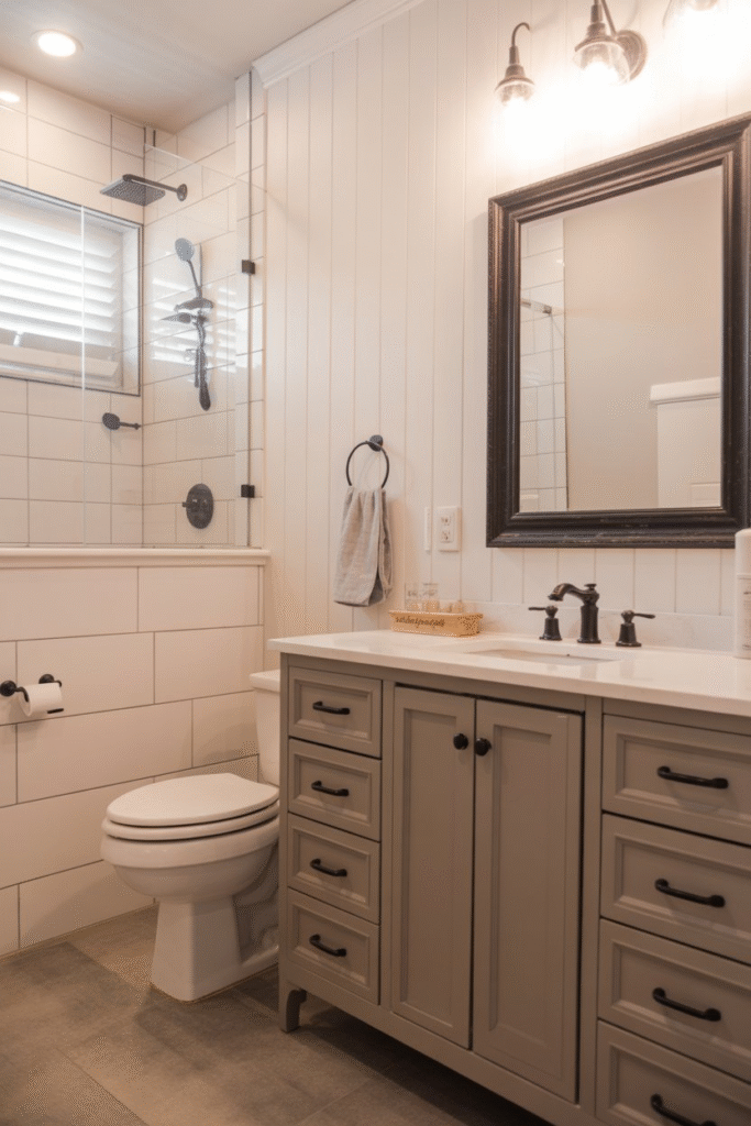 Bathroom with a board and batten accent wall behind the vanity, black-framed mirror, and coordinating black hardware.