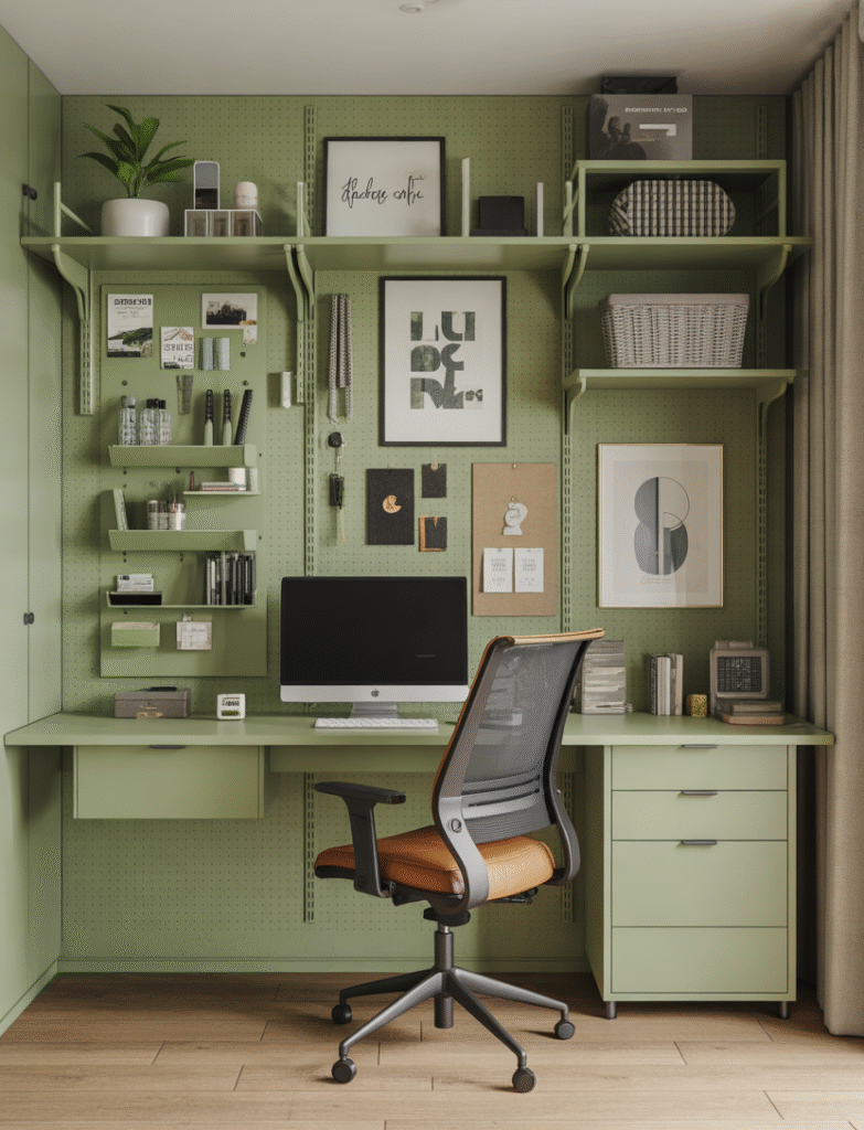 Home office featuring a green pegboard wall for organizing office supplies, with a clean desk layout and modern, space-efficient design.