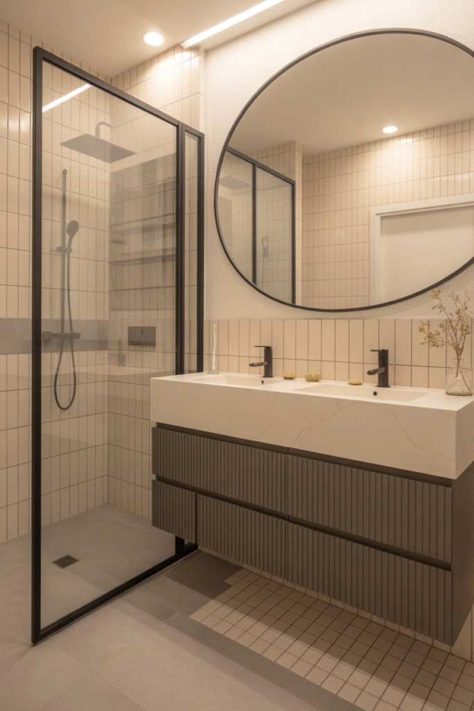 Minimalist bathroom with slim vertical battens, matte black fixtures, and floating vanity in a clean layout.